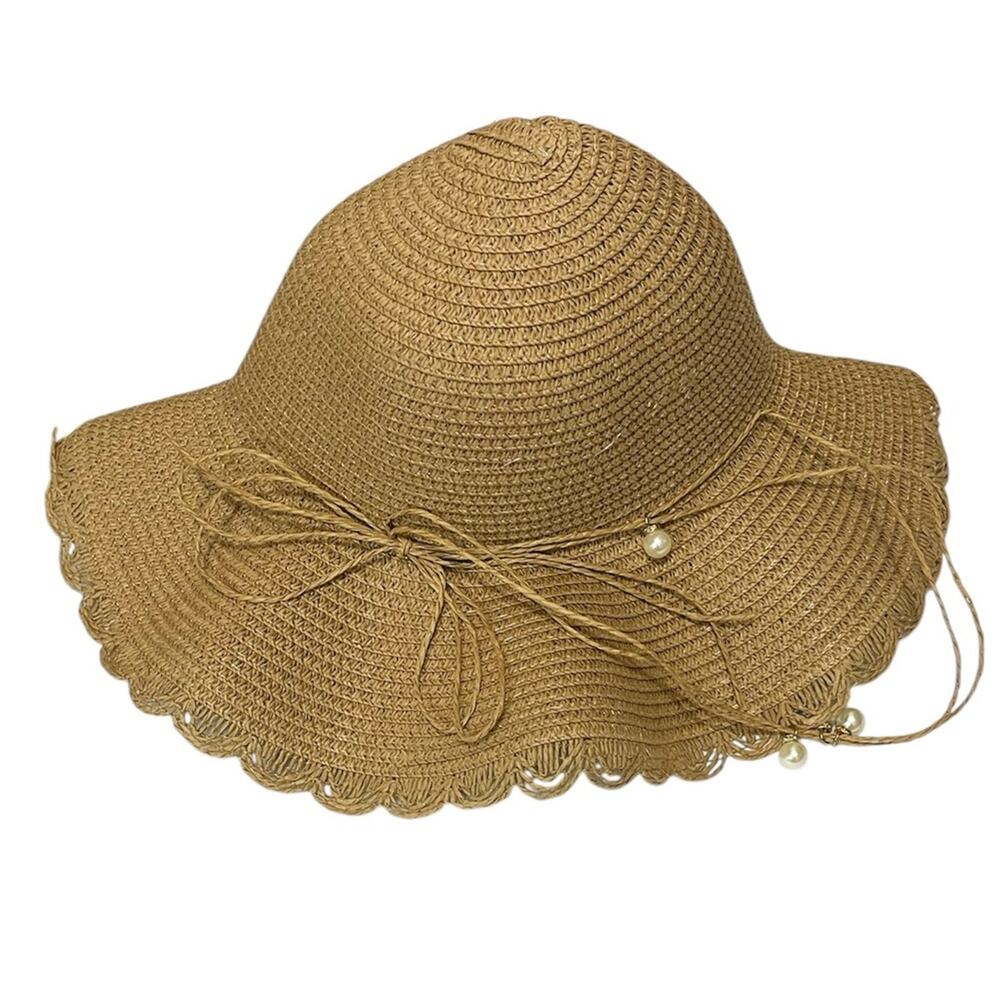 Straw Hat foldable with bow and pearl design one size